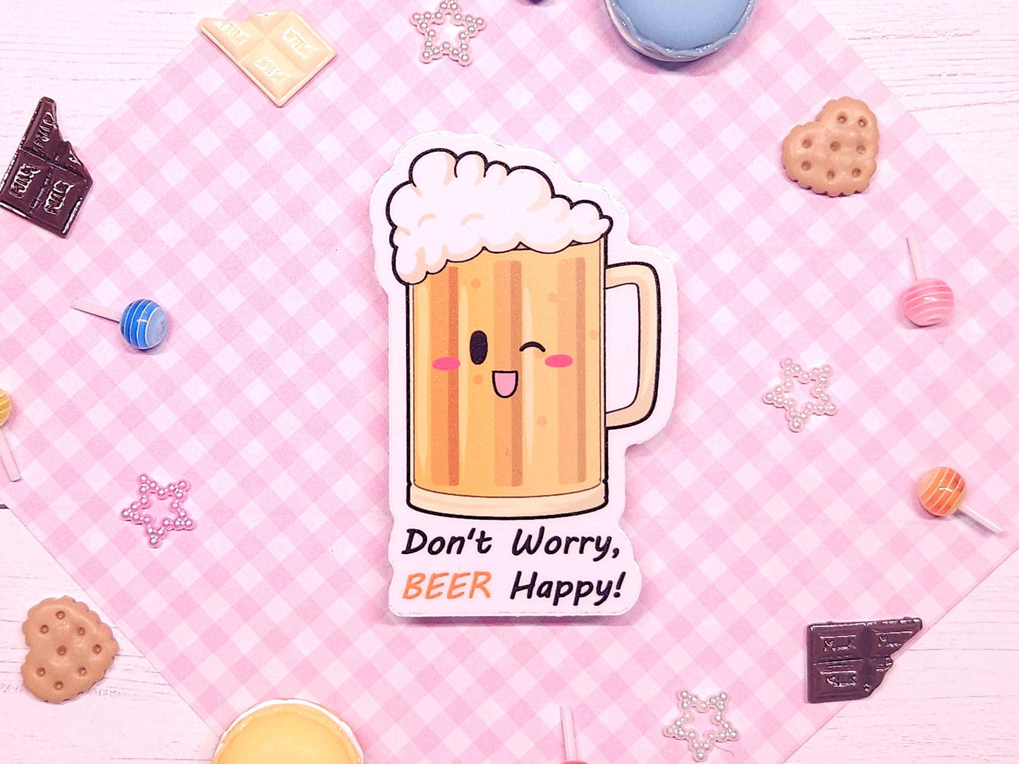 Beer "Don't worry BEER Happy " Foodie Pun Sticker